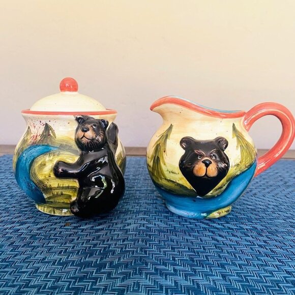 Vintage Bear in the Woods Rustic Cream and Sugar Set - Picture 1 of 7